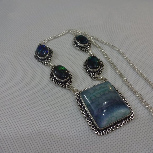 Gorgeous "SOLAR AGATE & TRIPLET OPAL" Handmade Sterling Necklace 20" #615A - Picture 2 of 3